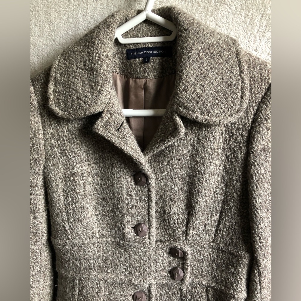 French Connection tweed long a-line coat oatmeal taupe